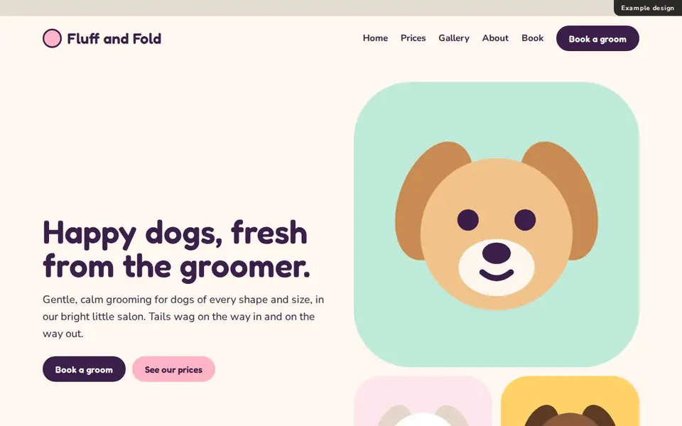Example design for a made-up dog groomer, on a laptop and a phone