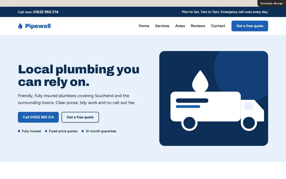 An example website for a made-up plumber, on a laptop and a phone